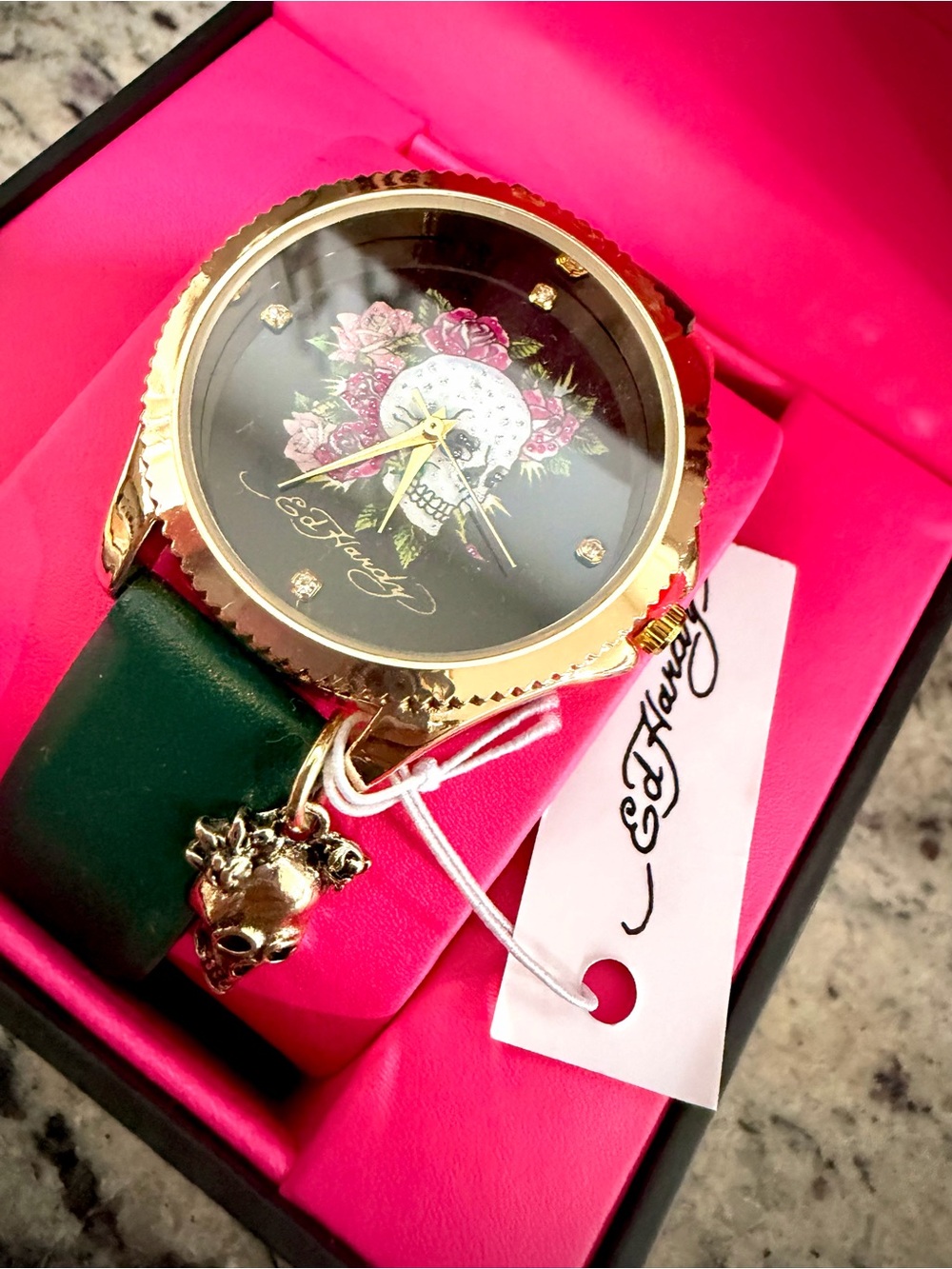 Ed Hardy Green Leather Strap Gold-Tone Skull Watch - Picture 2 of 4